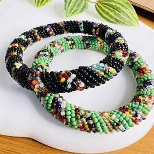 Traditional African Multicolored Beaded Bangle Bracelet Black Blue Orange